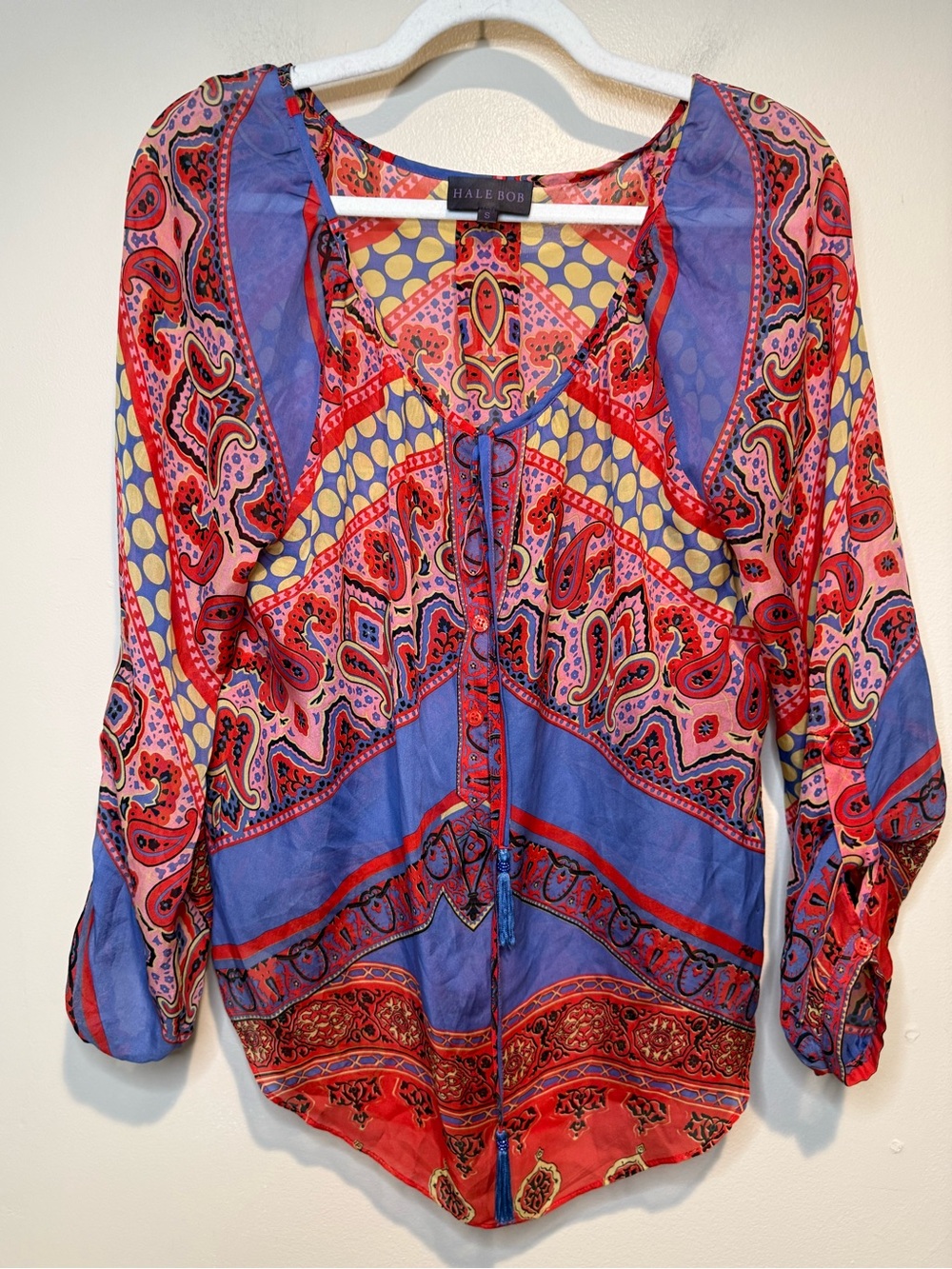 Hale Bob 100% Silk Blouse Boho Peasant Embellished